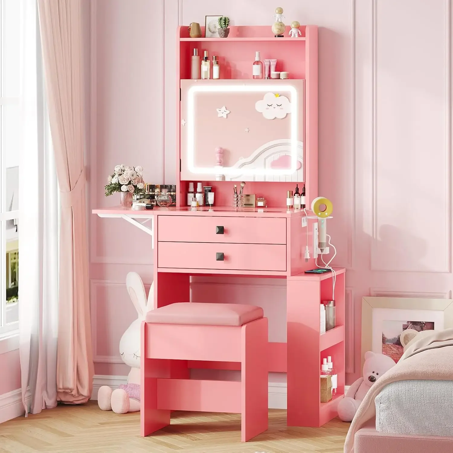 Desk Setup Charging Station - Small Makeup Vanity Desk, 3 Adjustable