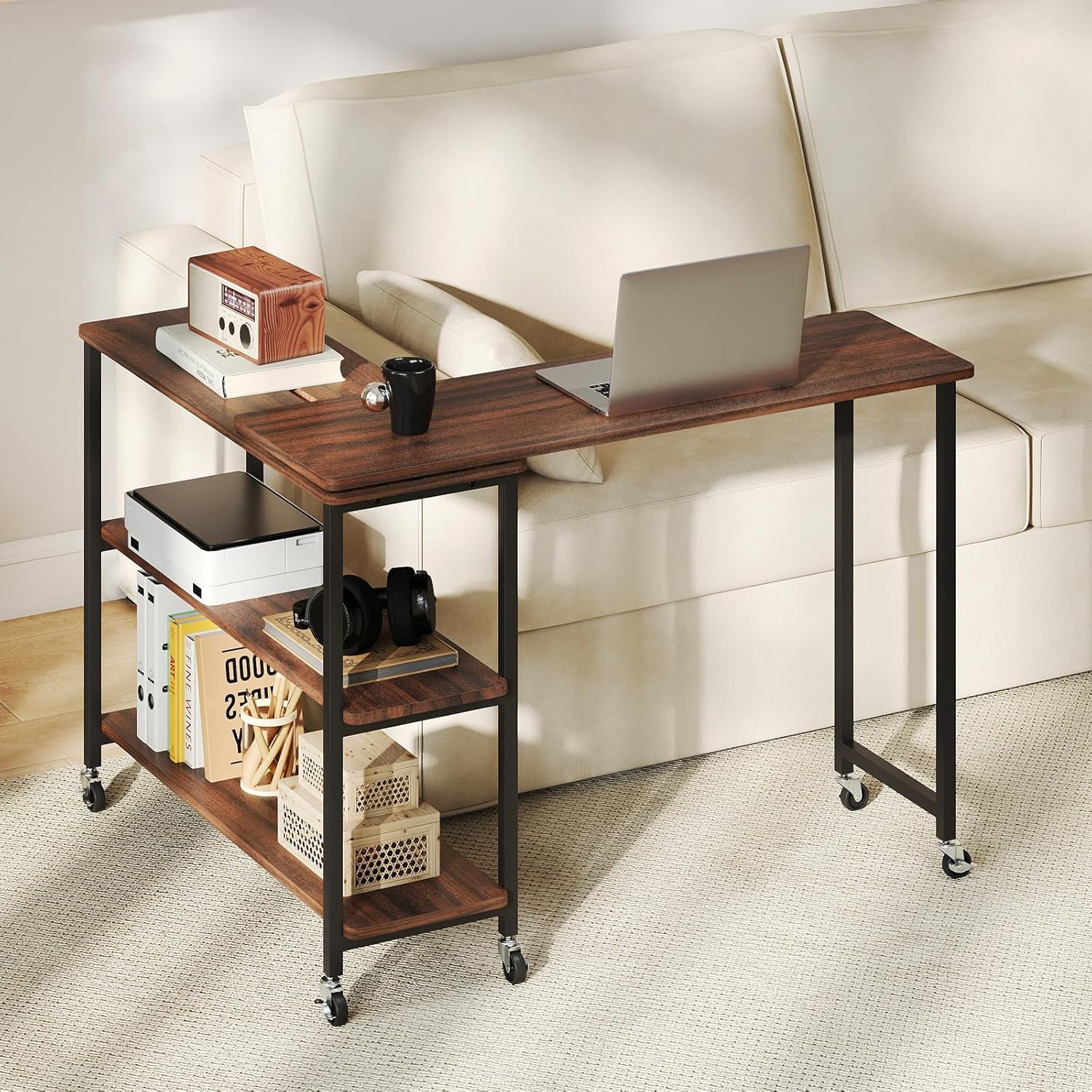 Desk Setup Ideas - 360° Rotating Side Table with 2-Tier