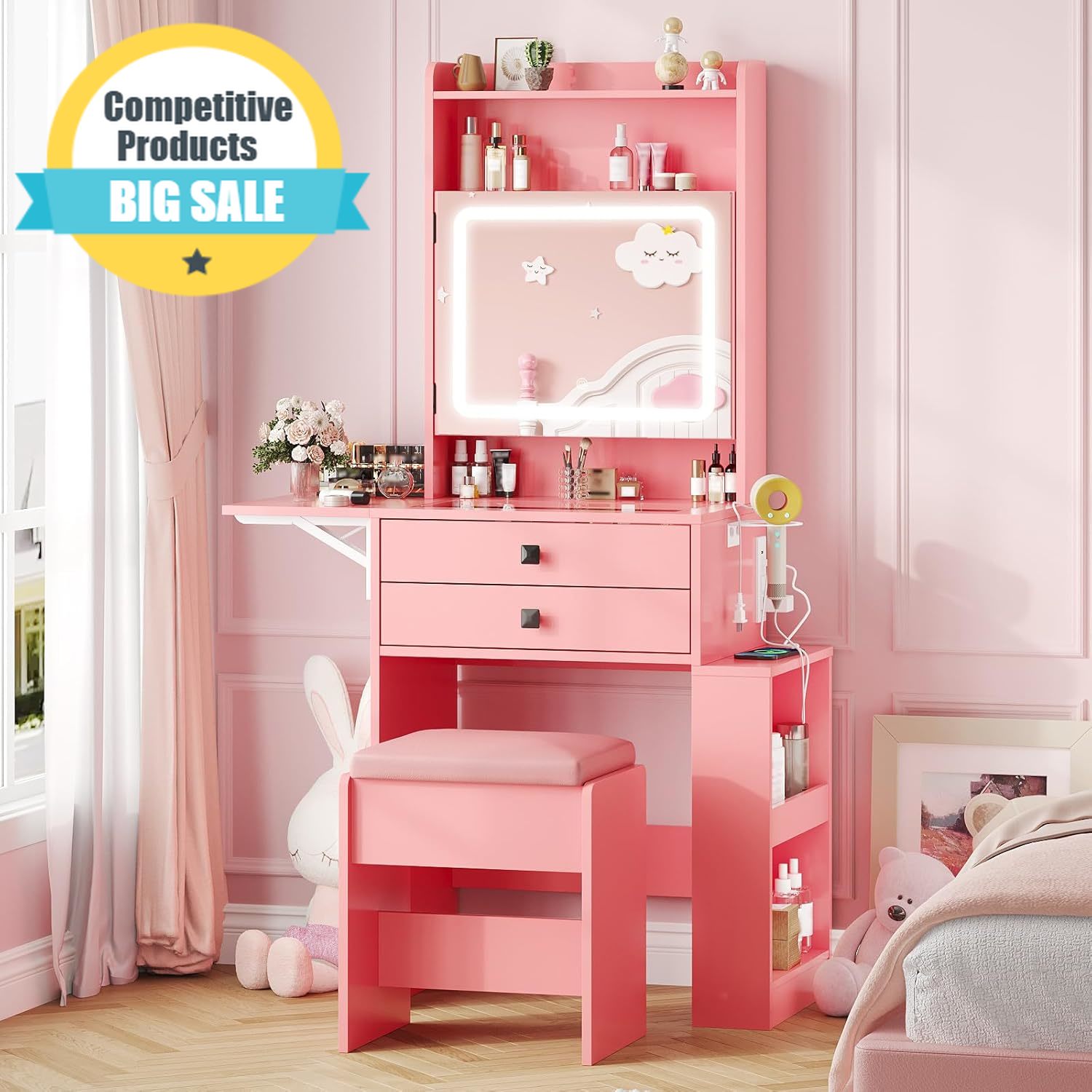 Desk Setup Charging Station - Small Makeup Vanity Desk, 3 Adjustable