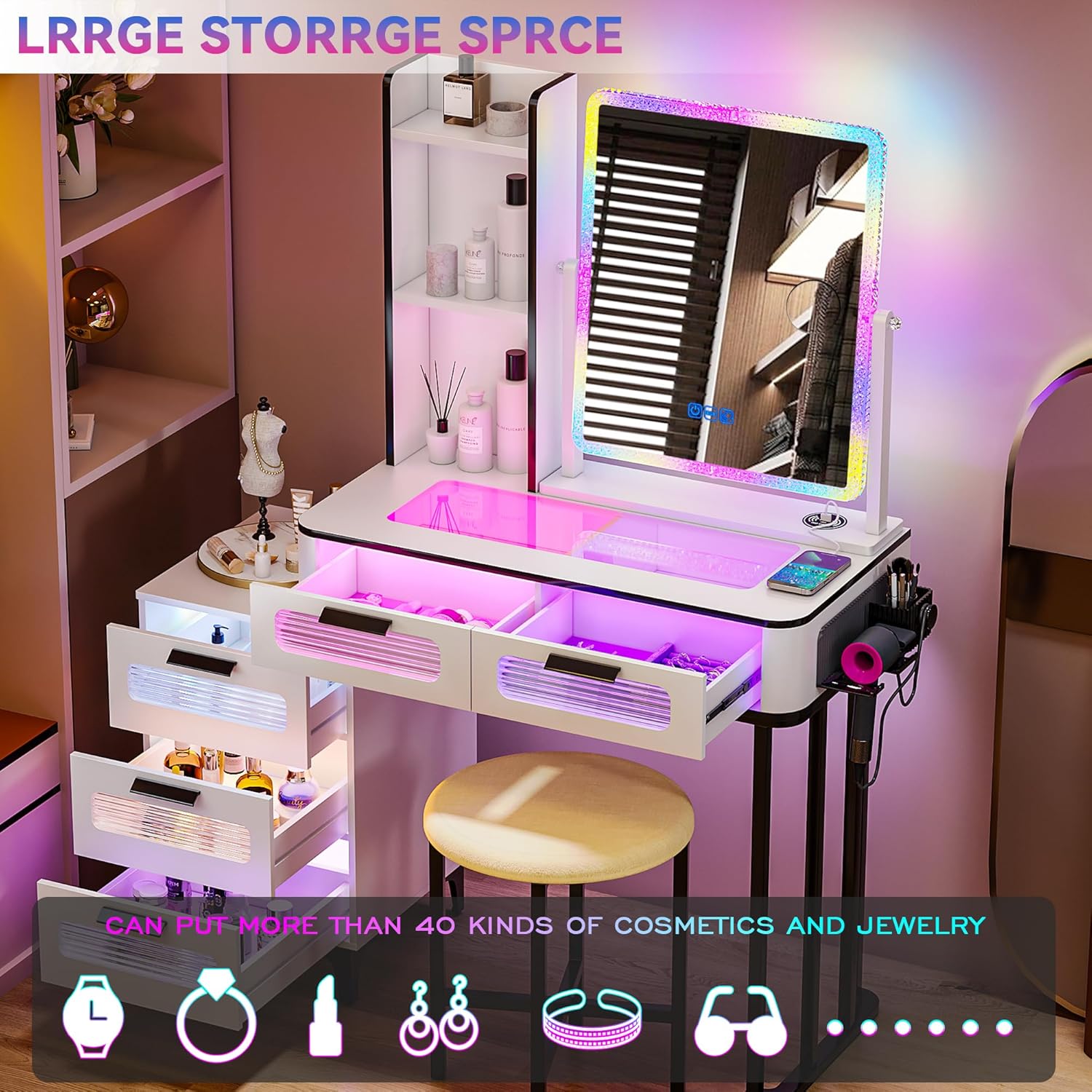 i*-RGB Makeup Vanity Desk with - Desk Setup Charging Station recension och pris
